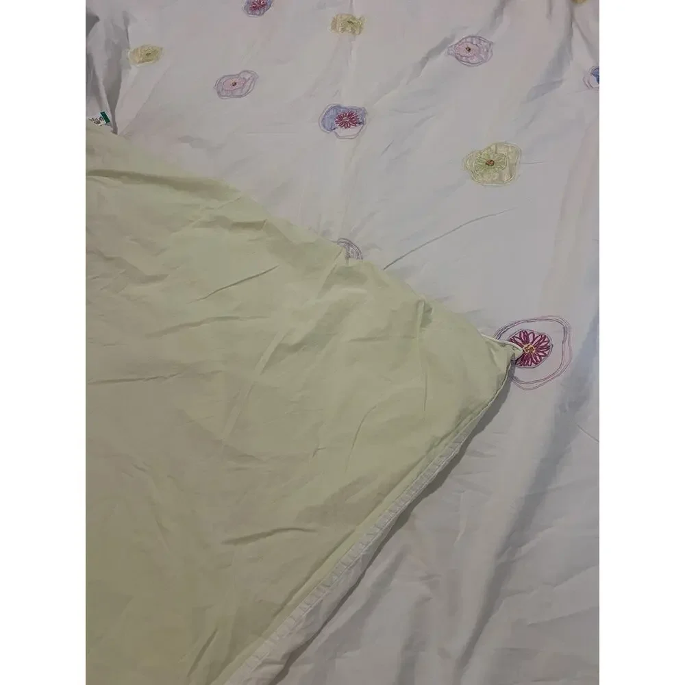 Elegant Floral Embroidered Twin XL Duvet Cover White Green 100% Cotton